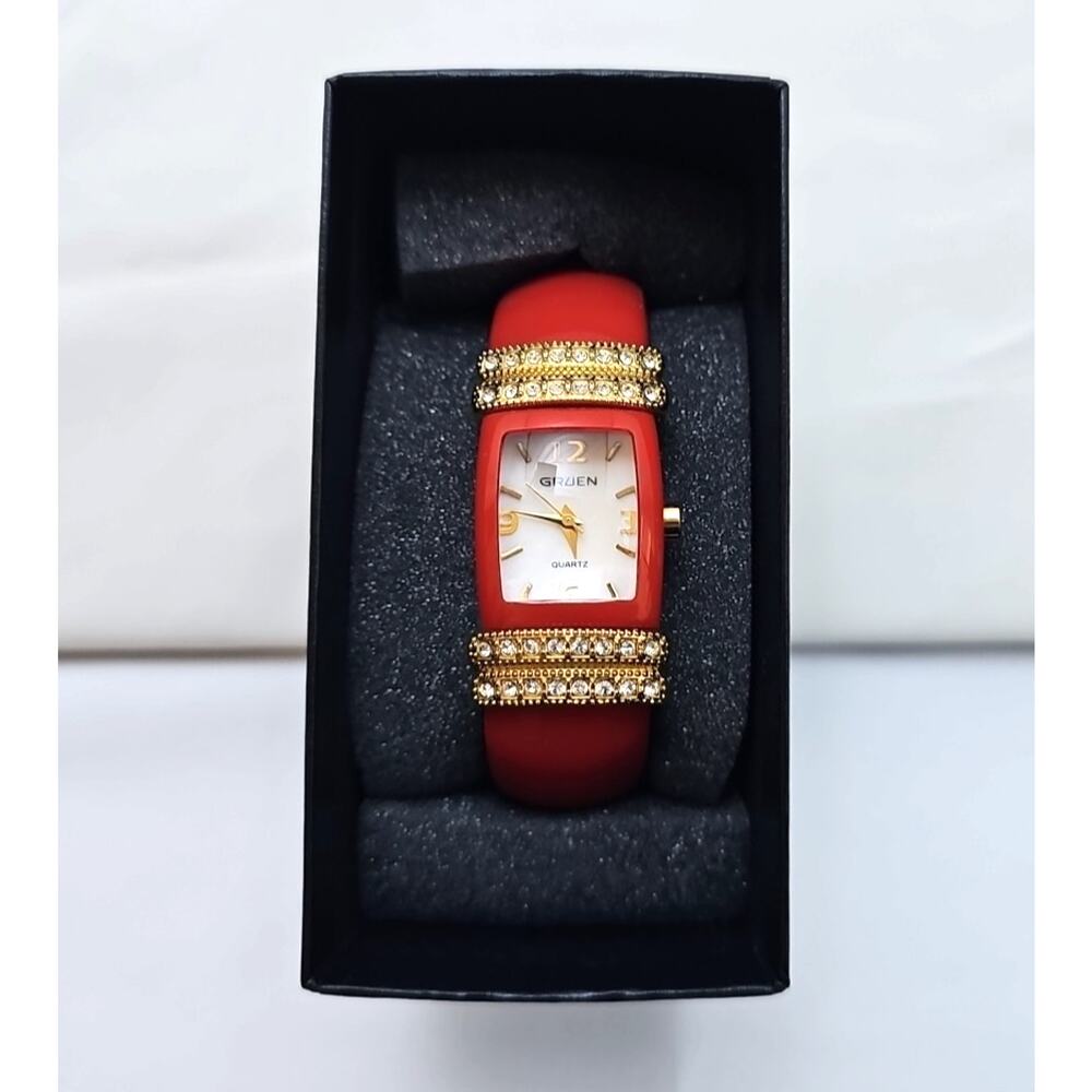 Gruen Womens Wrist Watch Red Hard Bracelet Band Gold Details White Face Quartz